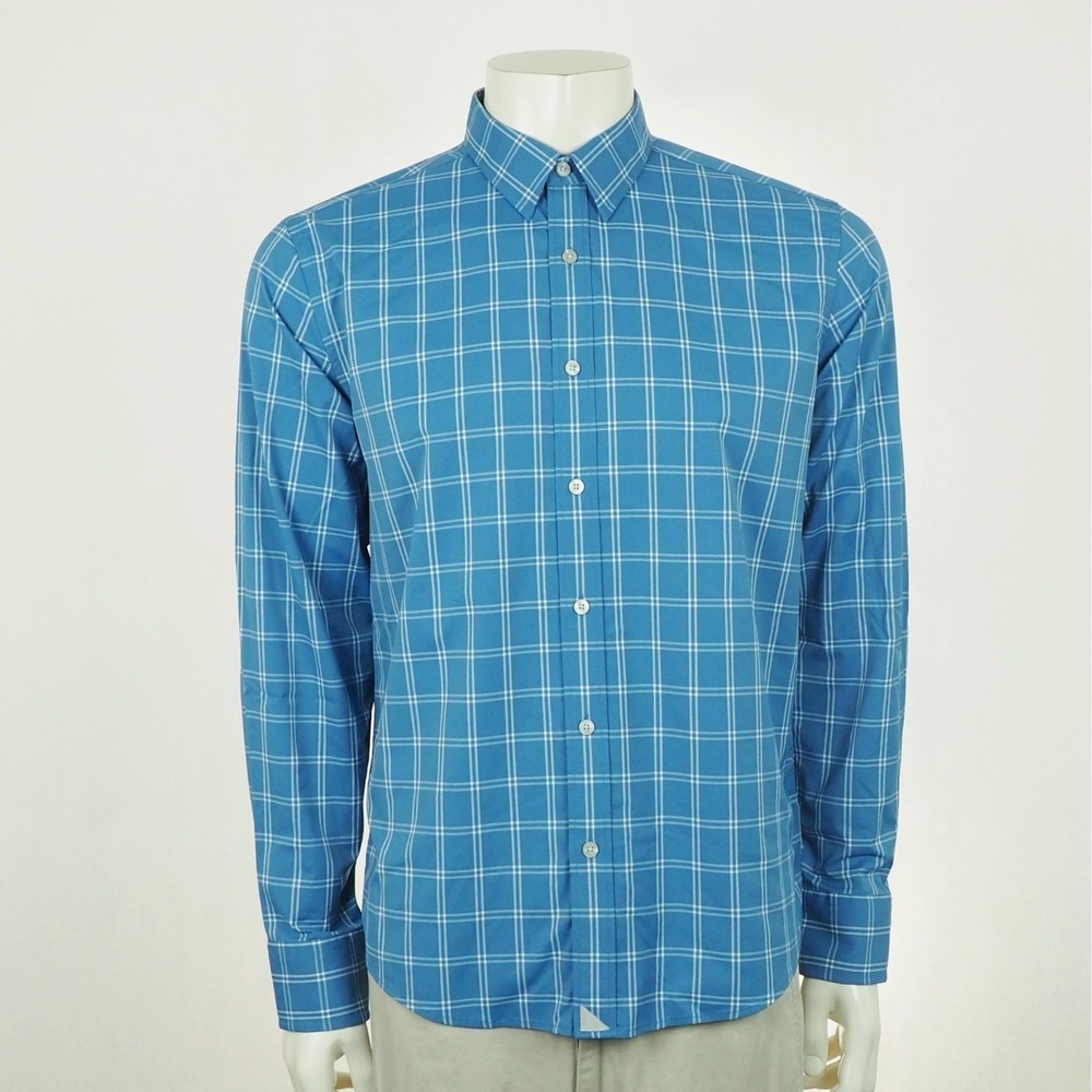 Untuckit Garrett Button Down Shirt Mens Large Blue Plaid Slim Fit Stretch Blend
